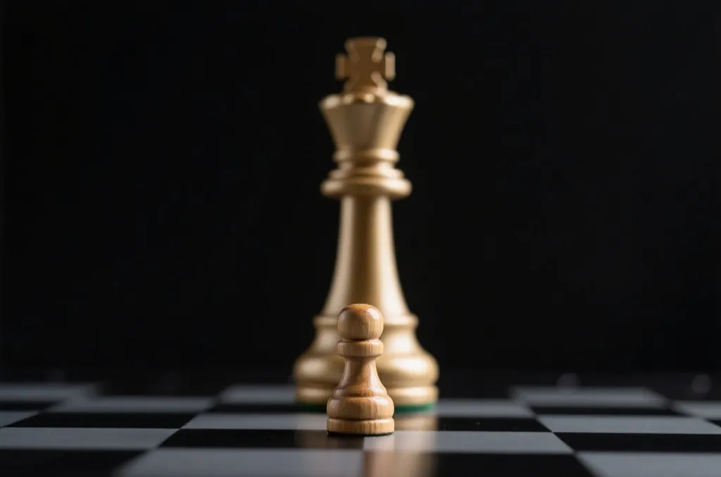 抽象国际象棋小兵直面国王,象征以弱胜强的战术博弈